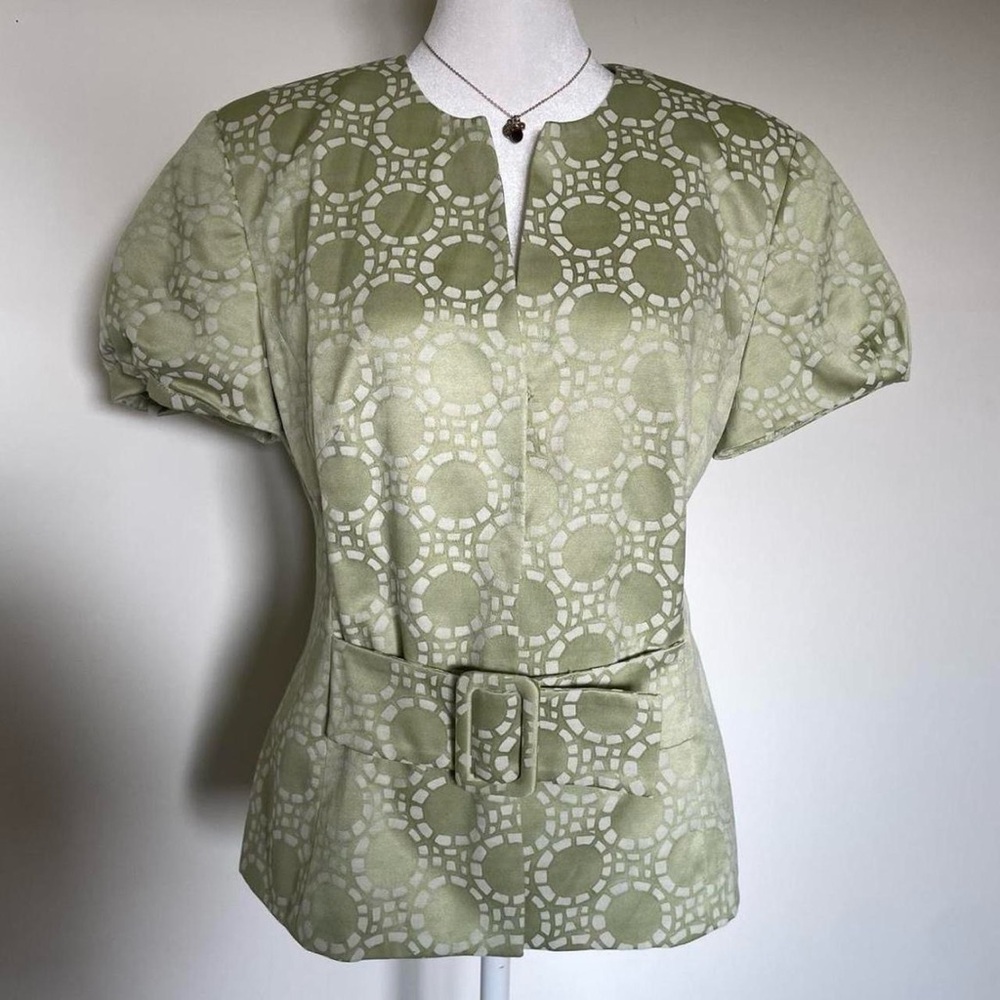 Isabella Suits 90s Sage Green White Short Sleeve Belt Snap Closure Suit Blazer